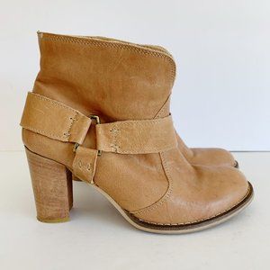 Sundance Light Tan Leather Slouchy Harness Block Heel Bootie Boot Women 40